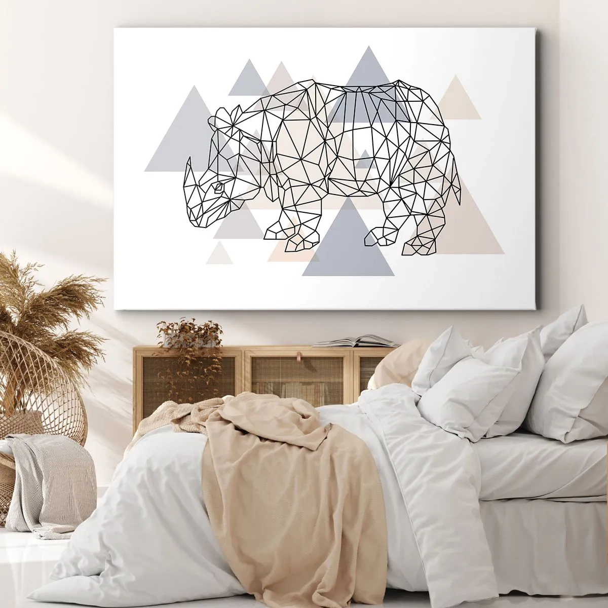 Impression sur toile - Image sur toile - Rhinocéros géométrique sur fond de triangles délicats - 100x70cm - Structure de force - Décoration murale moderne pour le salon et la chambre ARTTOR
