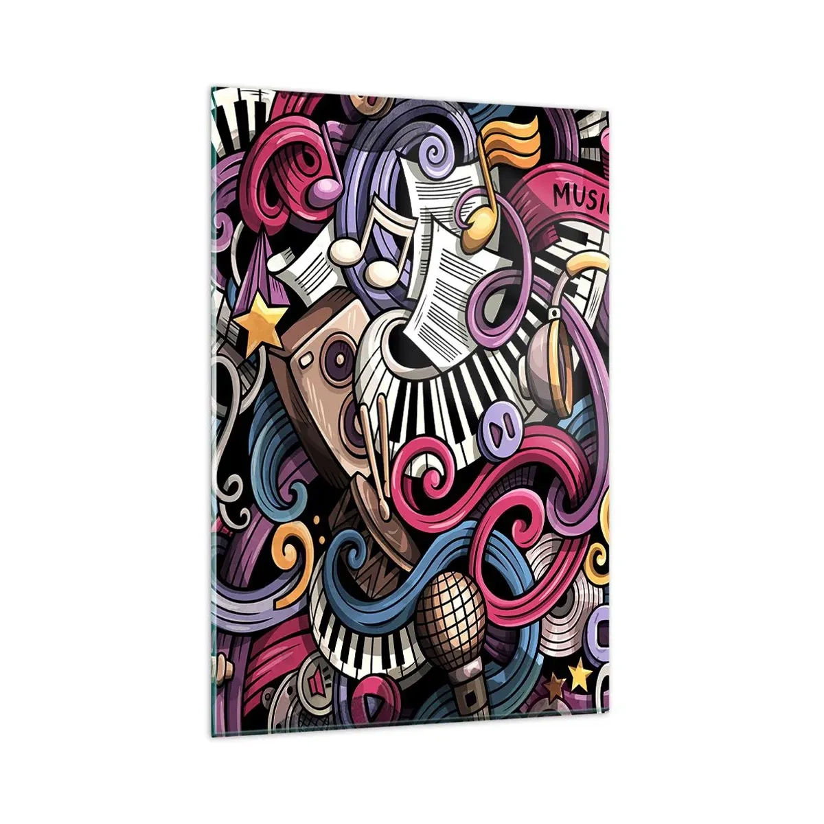 Impression sur verre - Image sur verre - Une abstraction musicale pleine d'instruments et de notes colorées. - 80x120cm - Mélodie compliquée - Décoration murale moderne pour le salon et la chambre ARTTOR