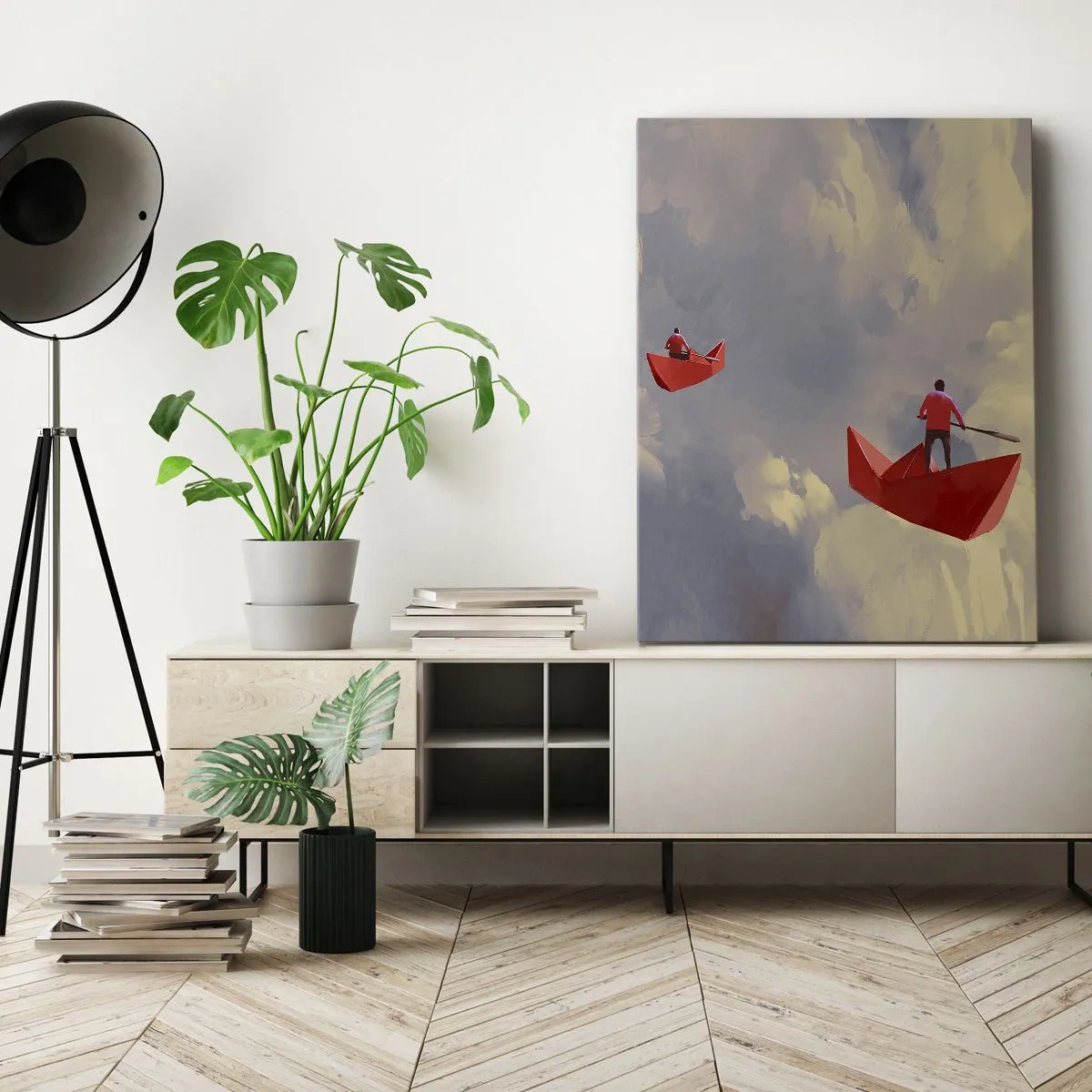 Impression sur toile - Image sur toile - Bateaux en papier rouges flottant dans les nuages - 80x120cm - Expédition des Rêveurs - Décoration murale moderne pour le salon et la chambre ARTTOR