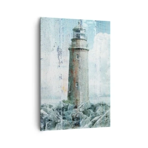 Impression sur toile - Image sur toile - Un phare sur une côte rocheuse aux couleurs pastel - 70x100cm - Sur du vieux bois - Décoration murale moderne pour le salon et la chambre ARTTOR