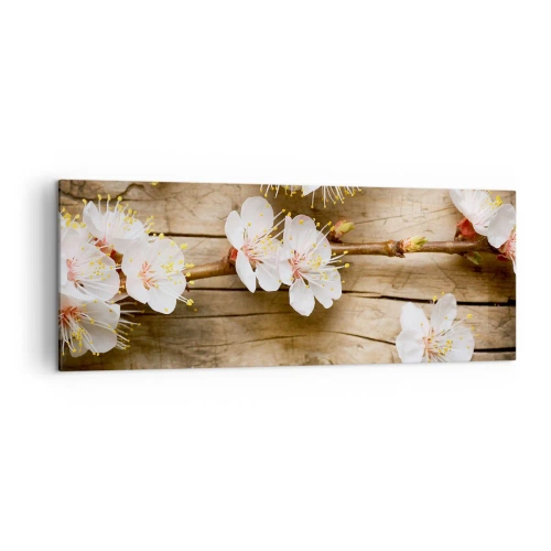 Impression sur toile - Image sur toile - Branches de cerisiers en fleurs sur fond de planche de bois - 140x50cm - Et c'est devenu le printemps - Décoration murale moderne pour le salon et la chambre ARTTOR
