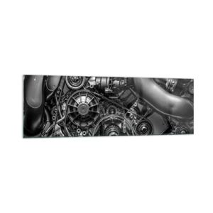 Impression sur verre - Image sur verre - Gros plan noir et blanc des détails mécaniques d'un moteur de voiture. - 160x50cm - Poésie mécanique - Décoration murale moderne pour le salon et la chambre ARTTOR