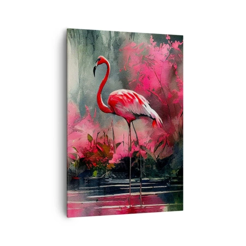 Impression sur toile - Image sur toile - Flamants roses au bord de l'eau entourés de végétation - 70x100cm - Une leçon de grâce naturelle - Décoration murale moderne pour le salon et la chambre ARTTOR