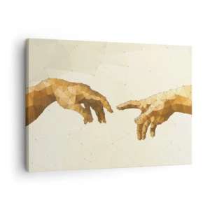 Impression sur toile - Image sur toile - Mains géométriques tendues l'une vers l'autre sur un fond clair - 70x50cm - Géométrie divine - Décoration murale moderne pour le salon et la chambre ARTTOR