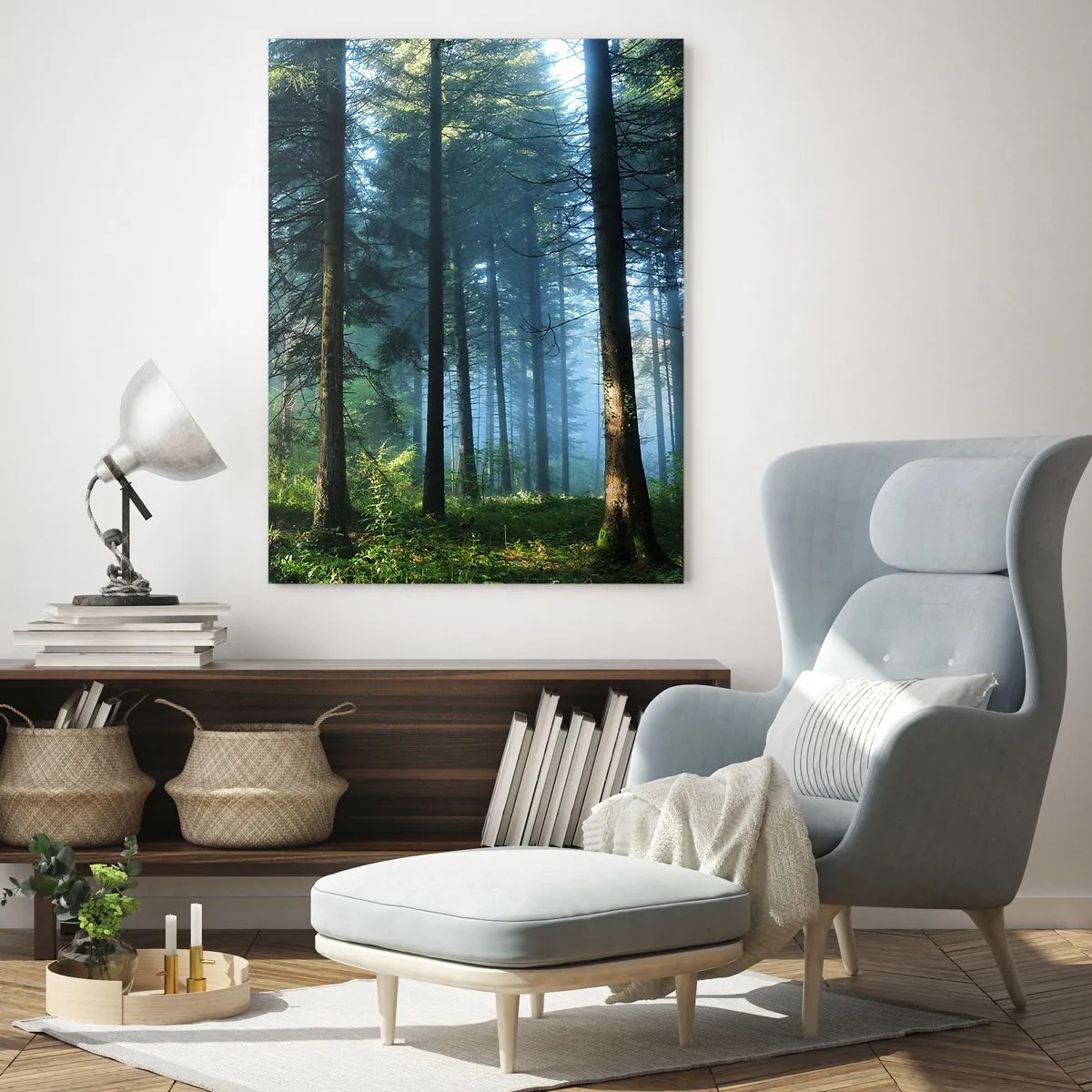 Impression sur verre - Image sur verre - Un chemin forestier dans la brume matinale parmi de grands arbres - 50x70cm - Rayonnant le matin - Décoration murale moderne pour le salon et la chambre ARTTOR