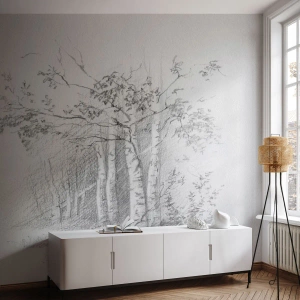 Papier Peint Photo Standard Eco - Croquis au crayon de bouleaux dans la forêt - 100x70cm - Lumière d'une forêt de bouleaux - Décoration murale moderne pour le salon et la chambre ARTTOR