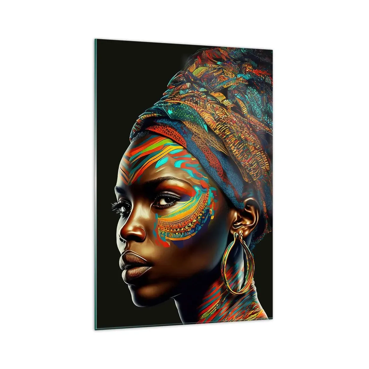 Impression sur verre - Image sur verre - Portrait d'une femme avec un motif coloré et un turban - 70x100cm - reine africaine - Décoration murale moderne pour le salon et la chambre ARTTOR