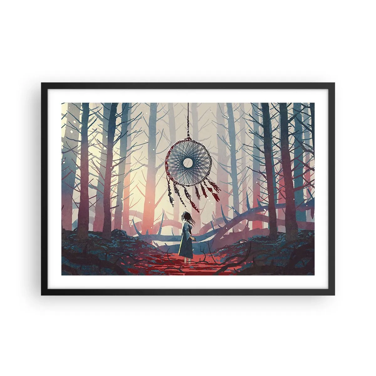Affiche dans un cadre noir - Poster - Scène de forêt avec un attrape-rêves géant - 70x50cm - Rituel secret du bonheur - Décoration murale moderne pour le salon et la chambre ARTTOR