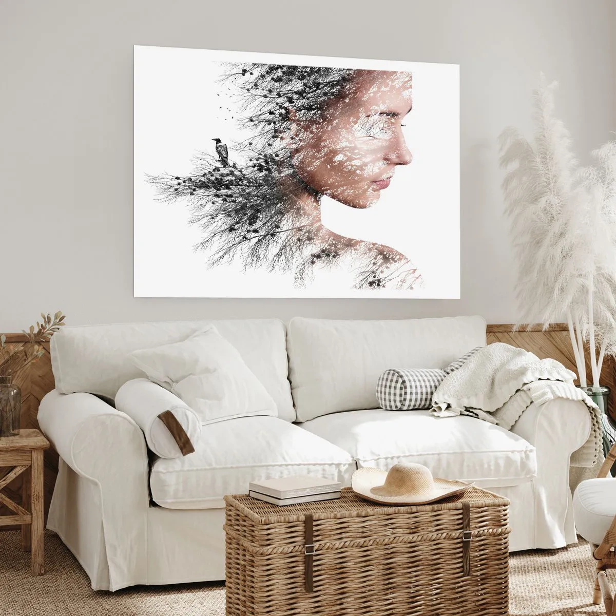Affiche - Poster - Silhouette d'une femme avec un motif de branche et d'oiseau en arrière-plan - 100x70cm - L'âme de la forêt - Décoration murale moderne pour le salon et la chambre ARTTOR