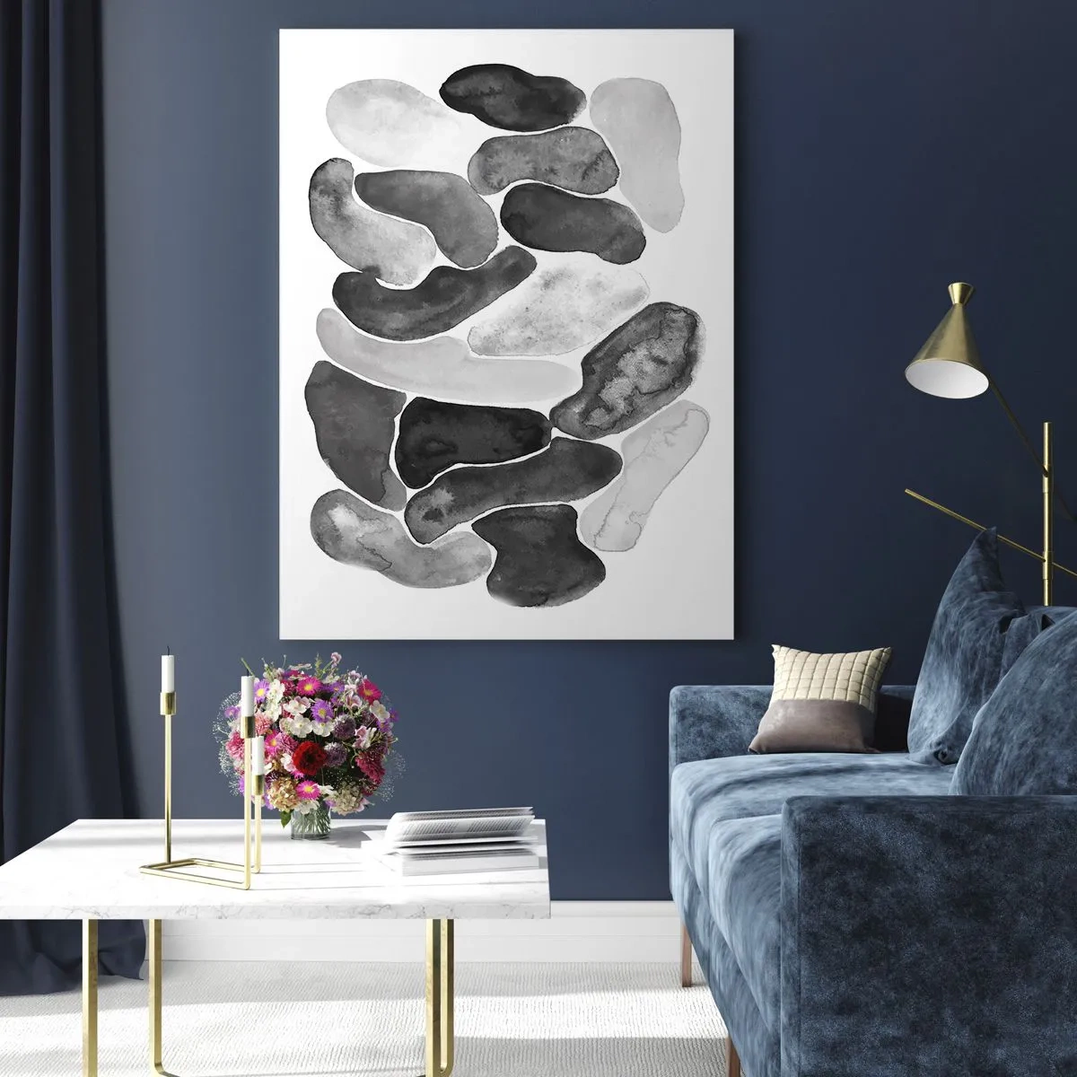 Impression sur verre - Image sur verre - Une composition en noir et blanc de formes abstraites ressemblant à des pierres. - 50x70cm - Abstraction rocheuse - Décoration murale moderne pour le salon et la chambre ARTTOR