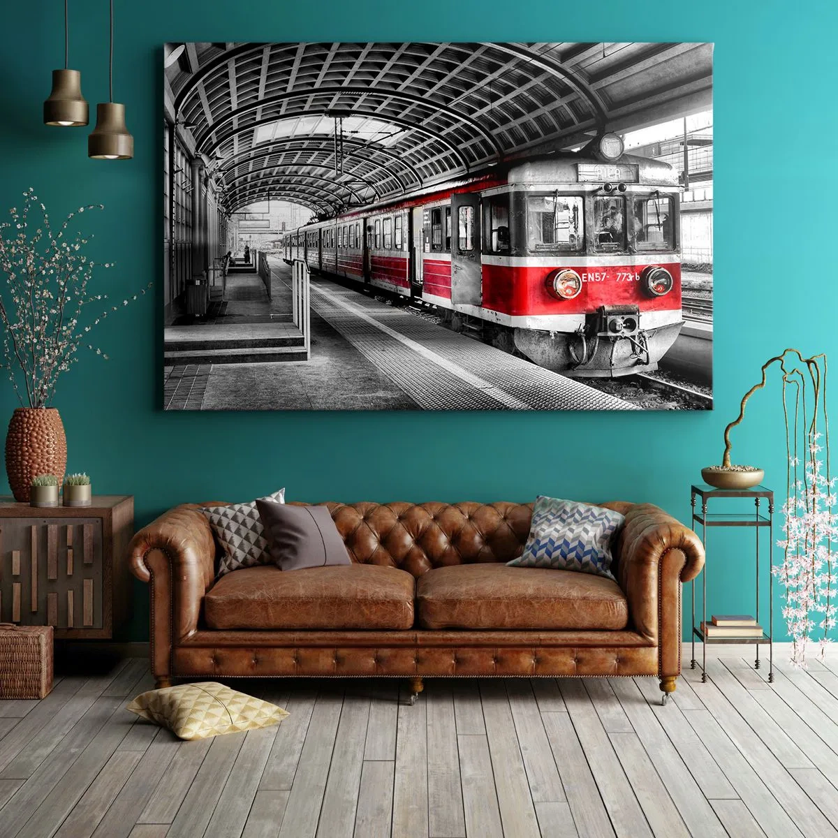 Impression sur toile - Image sur toile - Train rouge à la gare sous un toit - 70x50cm - C'est peut-être le voyage de votre vie ? - Décoration murale moderne pour le salon et la chambre ARTTOR