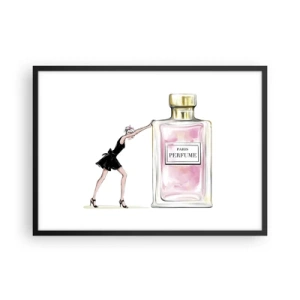 Affiche dans un cadre noir - Poster - Une femme en robe noire à côté d'un flacon de parfum - 70x50cm - L'essence des femmes - Décoration murale moderne pour le salon et la chambre ARTTOR