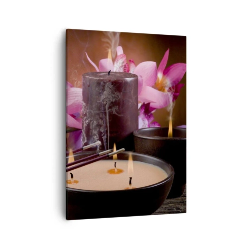 Impression sur toile - Image sur toile - Figurine de Bouddha avec bougies allumées et bâtons d'encens - 50x70cm - Vider l'esprit, calmer le corps - Décoration murale moderne pour le salon et la chambre ARTTOR