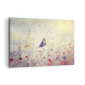 Impression sur toile - Image sur toile - Un oiseau sur fond de prairie colorée aux couleurs pastel - 120x80cm - Portrait d'oiseau sur pré en fond - Décoration murale moderne pour le salon et la chambre ARTTOR