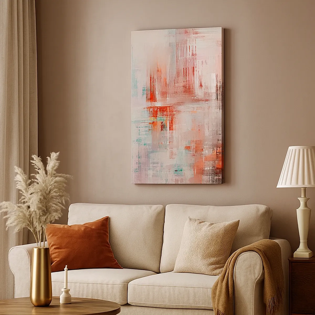 Impression sur toile - Image sur toile - Une composition abstraite avec des nuances de rouge et de couleurs pastel. - 50x70cm - Brumeux. Mais rose - Décoration murale moderne pour le salon et la chambre ARTTOR