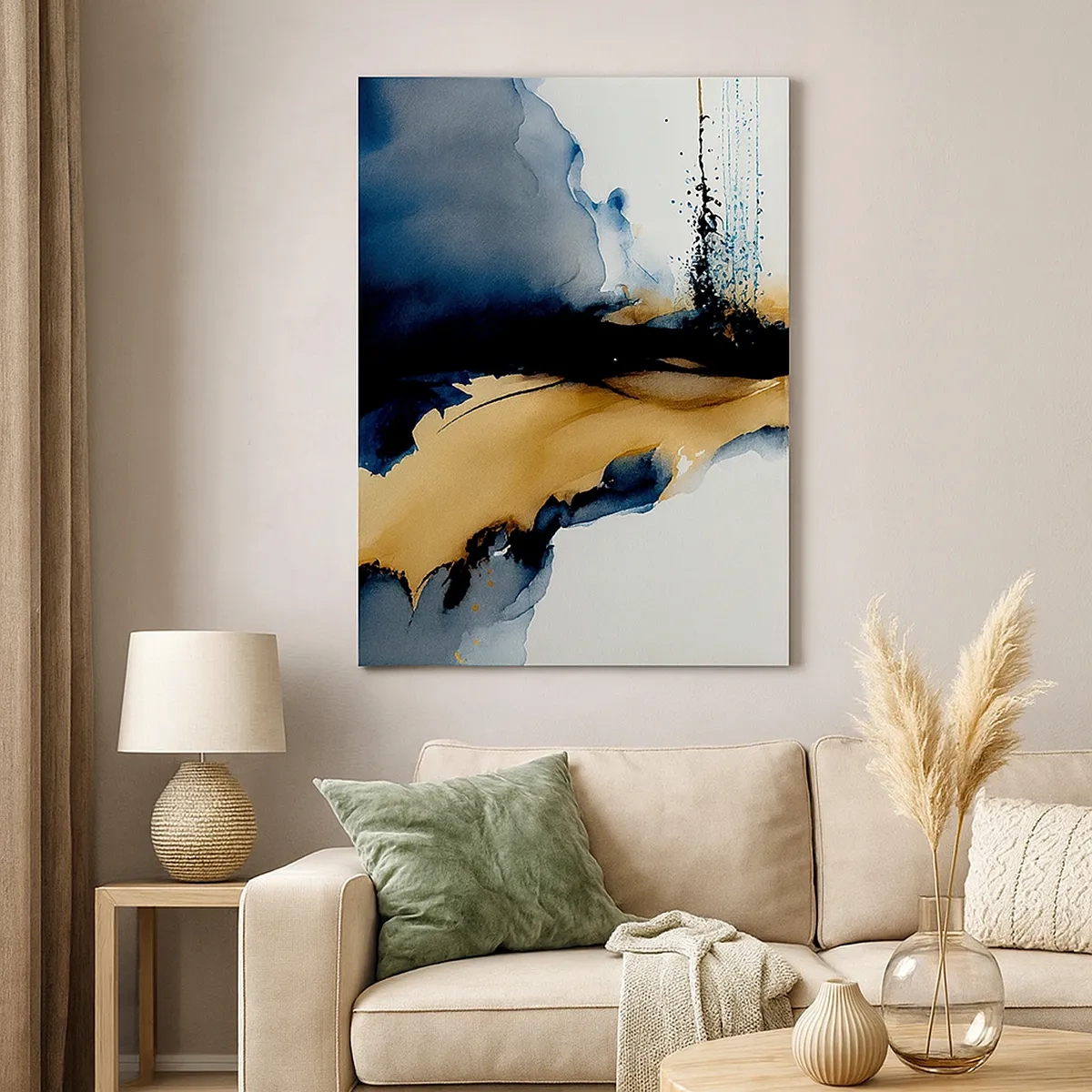 Impression sur toile - Image sur toile - Une composition abstraite dans les tons bleu marine et or - 50x70cm - Derrière le rideau - Décoration murale moderne pour le salon et la chambre ARTTOR