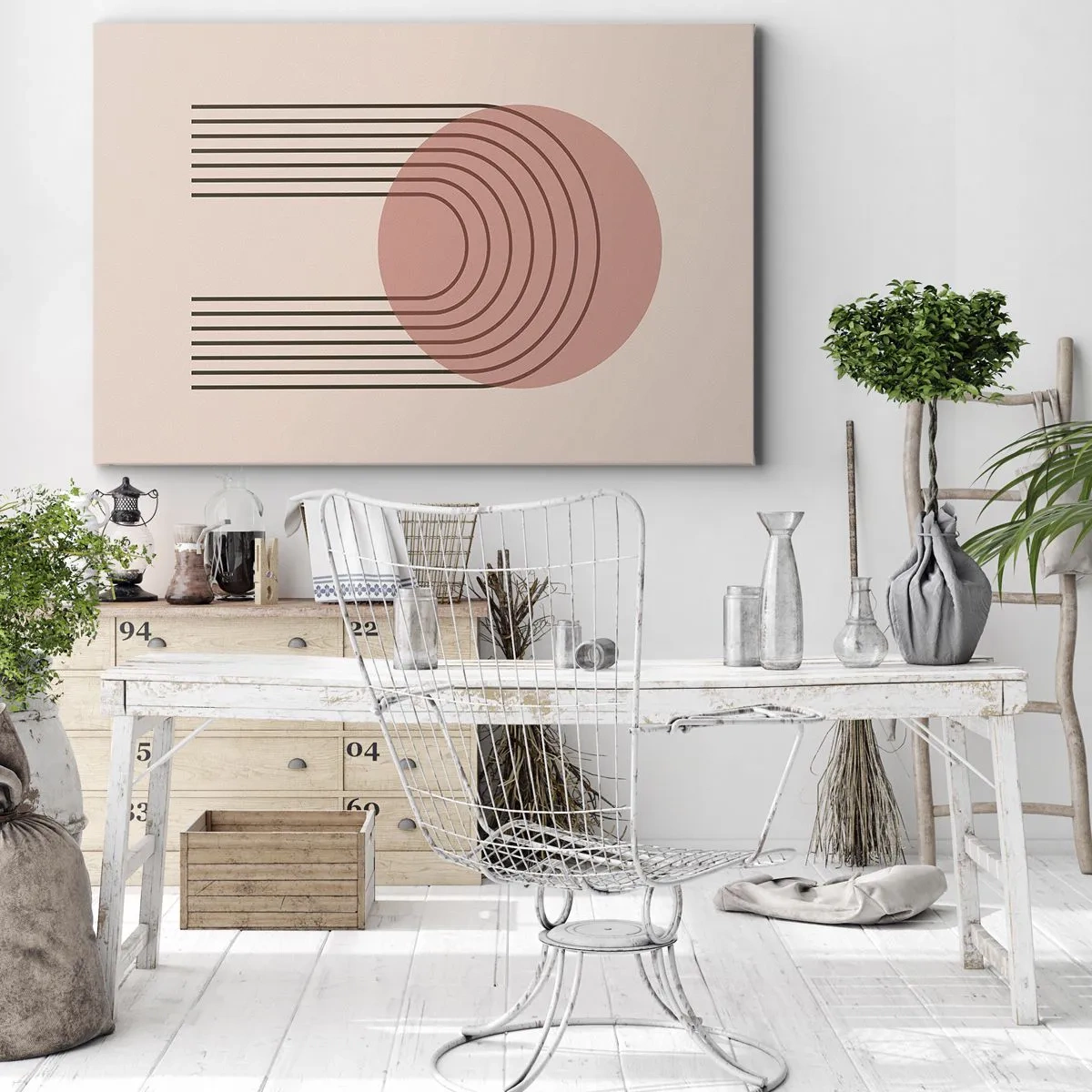 Impression sur toile - Image sur toile - Motif abstrait avec cercle et lignes roses - 100x70cm - Attraction irrésistible - Décoration murale moderne pour le salon et la chambre ARTTOR