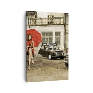 Impression sur toile - Image sur toile - Femme avec un parapluie rouge par des voitures classiques - 80x120cm - Un mini-voyage sentimental - Décoration murale moderne pour le salon et la chambre ARTTOR