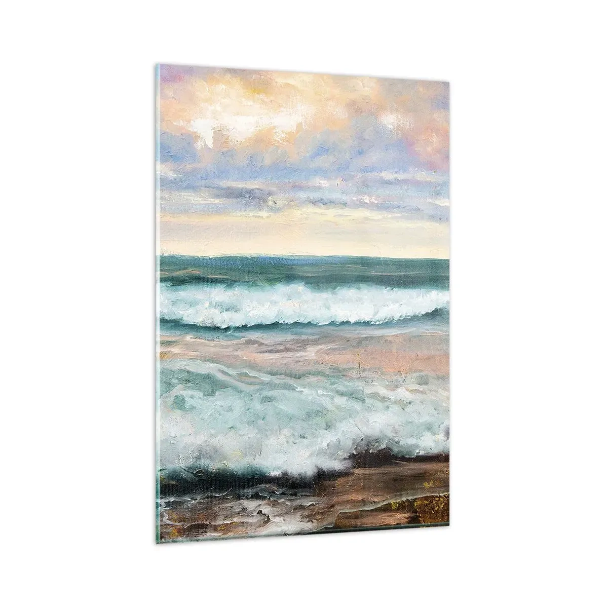 Impression sur verre - Image sur verre - Vagues de la mer contre un ciel nuageux au coucher du soleil - 80x120cm - Ici tu adouciras ton âme - Décoration murale moderne pour le salon et la chambre ARTTOR