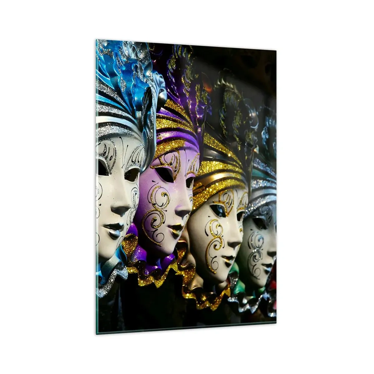 Impression sur verre - Image sur verre - Masques vénitiens de différentes couleurs avec des motifs décoratifs - 80x120cm - Mystère en or et argent - Décoration murale moderne pour le salon et la chambre ARTTOR