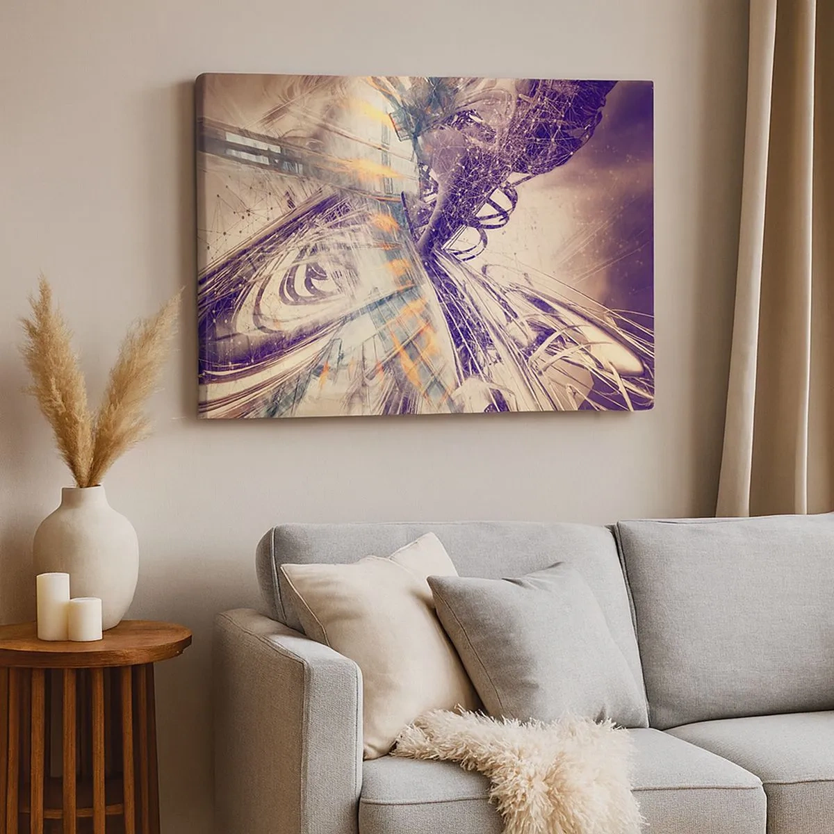 Impression sur toile - Image sur toile - Abstraction dynamique dans les tons beige et violet - 70x50cm - En grande hâte - Décoration murale moderne pour le salon et la chambre ARTTOR