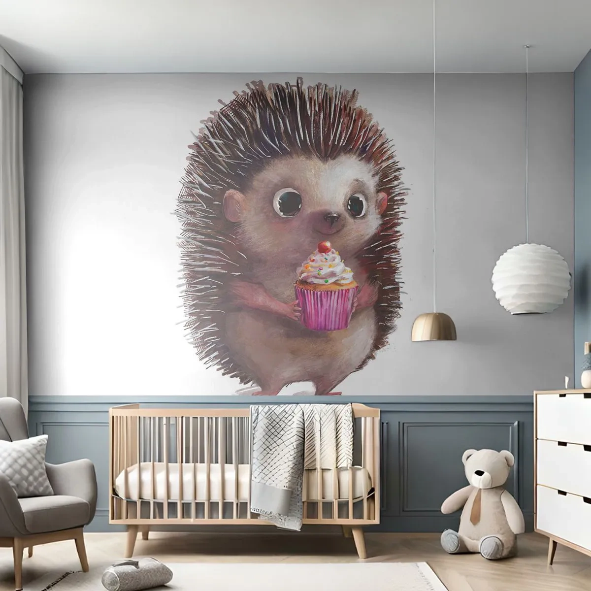 Papier Peint Photo Premium Sand - Un hérisson mignon tenant un cupcake sur un fond blanc - 100x70cm - La fête c'est tous les jours - Décoration murale moderne pour le salon et la chambre ARTTOR