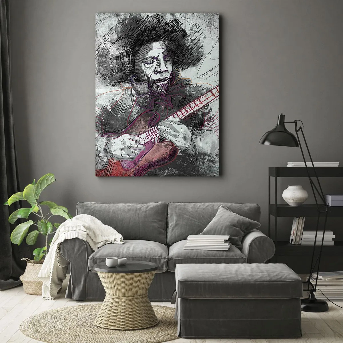 Impression sur toile - Image sur toile - Portrait artistique d'un guitariste en technique d'esquisse - 80x120cm - Sur les vagues de la musique - Décoration murale moderne pour le salon et la chambre ARTTOR