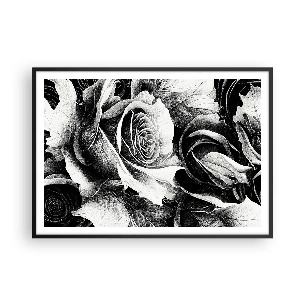 Affiche dans un cadre noir - Poster - Roses noires et blanches dans une composition élégante - 100x70cm - Toujours une reine - Décoration murale moderne pour le salon et la chambre ARTTOR