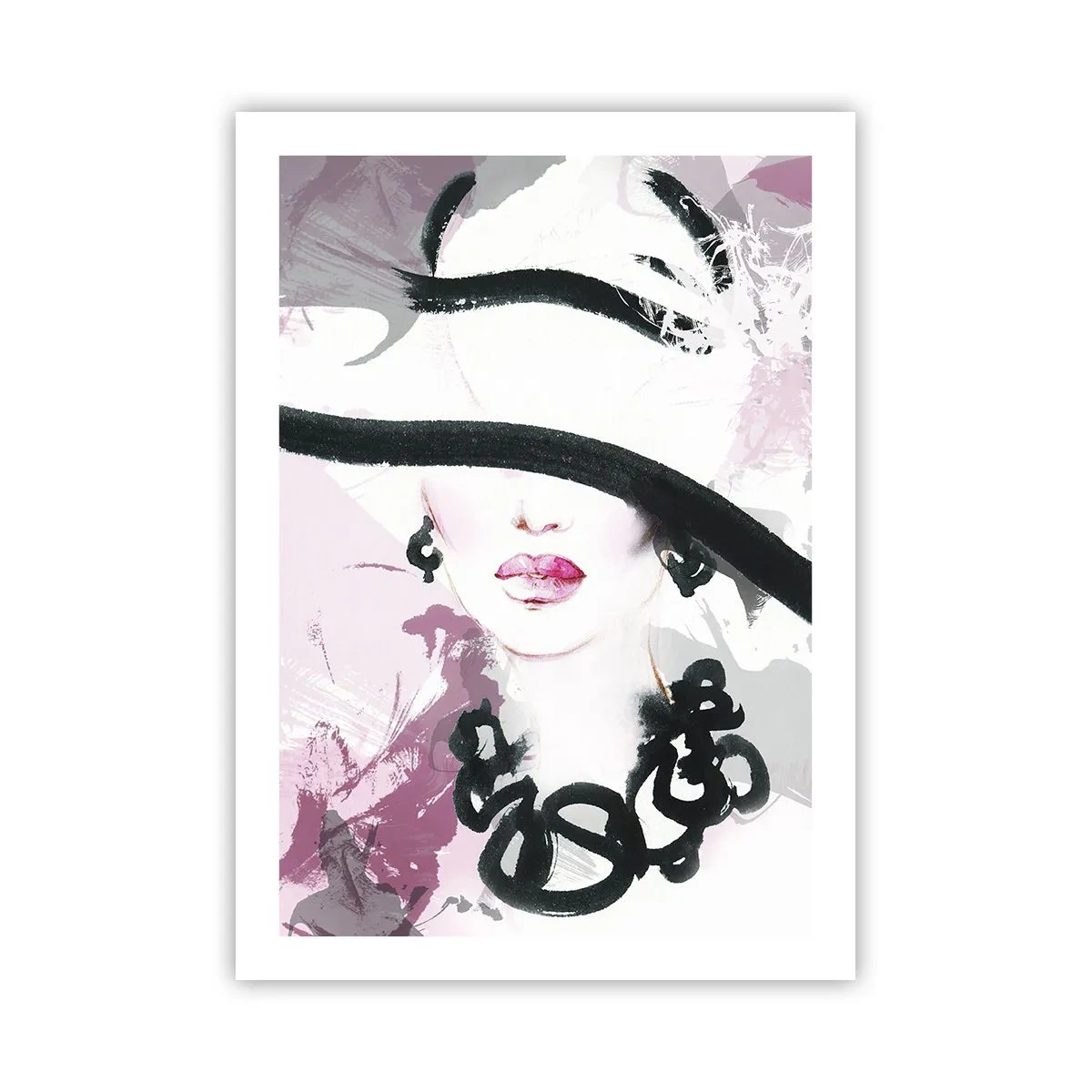 Affiche - Poster - Une illustration élégante du visage d'une femme dans des tons de rose et de noir. - 50x70cm - Portrait d'une dame en noir et rose - Décoration murale moderne pour le salon et la chambre ARTTOR