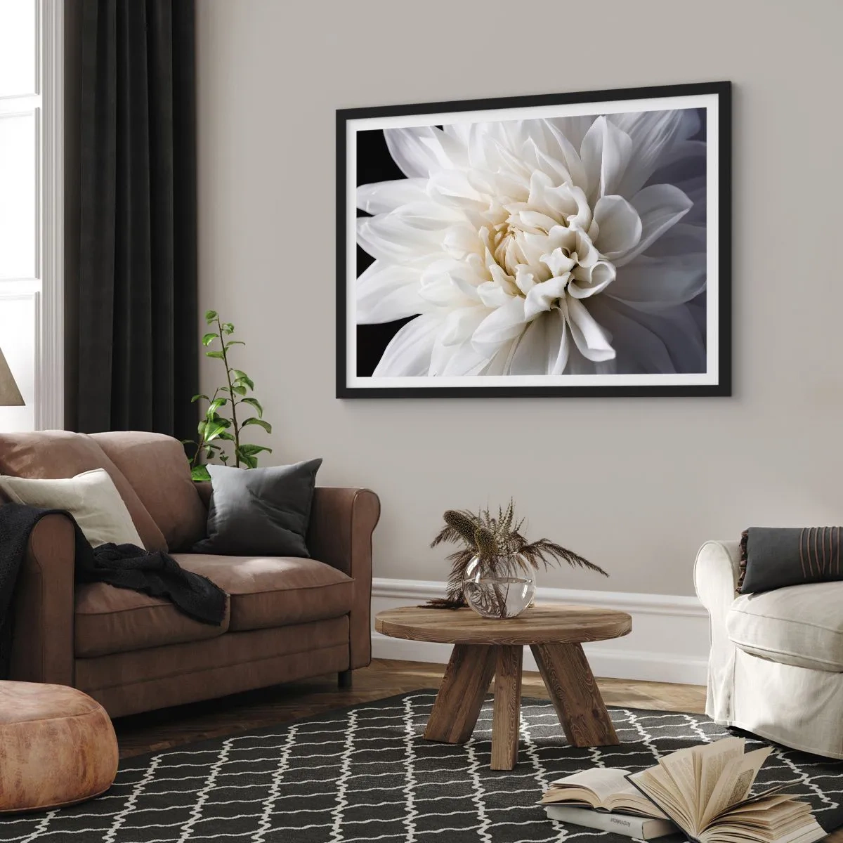 Affiche dans un cadre noir - Poster - Une délicate fleur blanche sur fond noir dans une composition élégante - 70x50cm - Le matin de la jeune mariéé - Décoration murale moderne pour le salon et la chambre ARTTOR