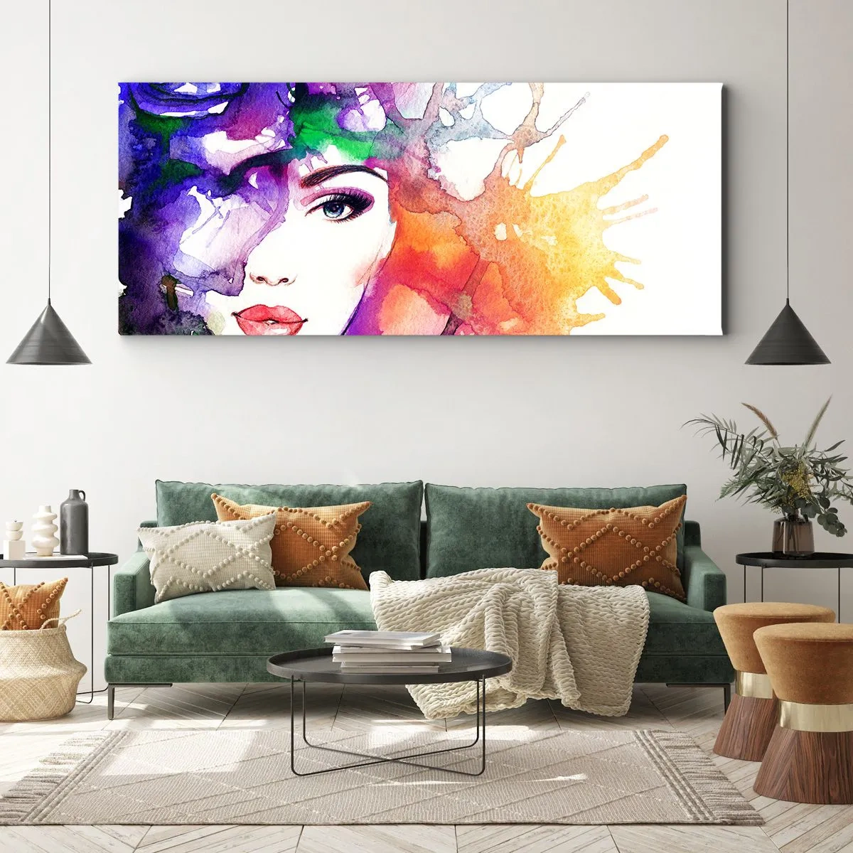 Impression sur toile - Image sur toile - Portrait d'une femme aux couleurs aquarelles avec des taches abstraites - 120x50cm - Avec la tête dans les nuages - Décoration murale moderne pour le salon et la chambre ARTTOR