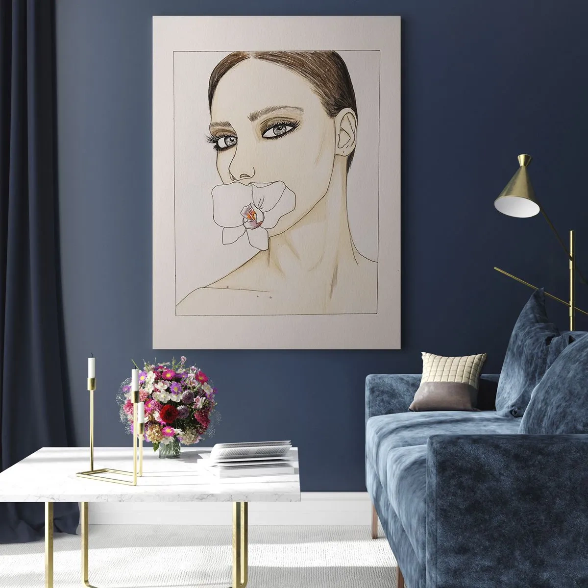 Impression sur verre - Image sur verre - Portrait d'une femme avec une orchidée dans la bouche sur un fond clair - 50x70cm - Symbole de l'élégance et de la beauté - Décoration murale moderne pour le salon et la chambre ARTTOR