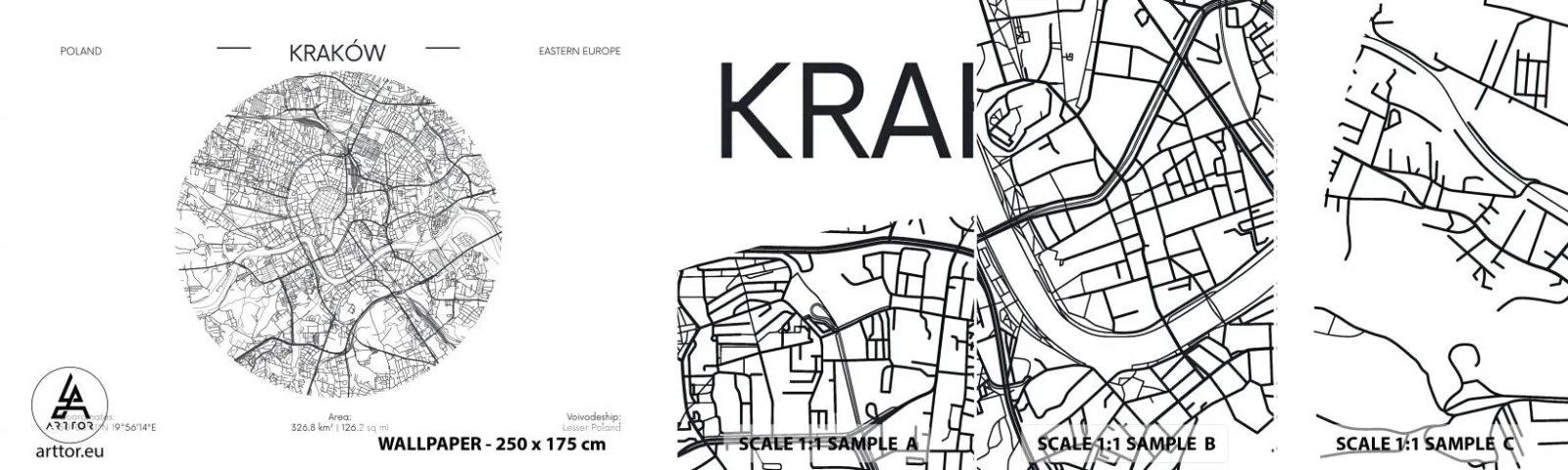 Échantillon de Papier Peint Autocollant Deluxe Sticker - Anatomie de Cracovie - Carte, Cracovie, Pologne - 100x30 cm