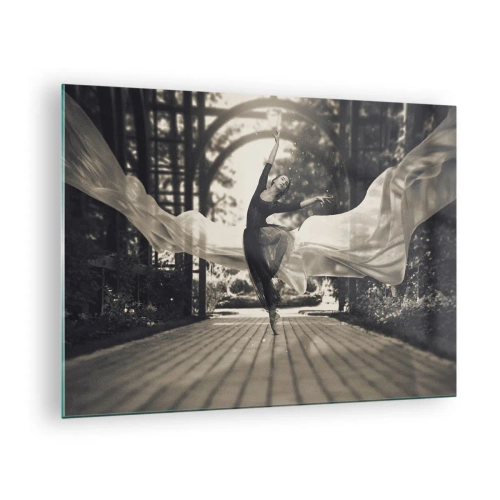 Impression sur verre - Image sur verre - Une danseuse en mouvement sur fond de jardin en noir et blanc. - 70x50cm - La danse de l'esprit jardin - Décoration murale moderne pour le salon et la chambre ARTTOR