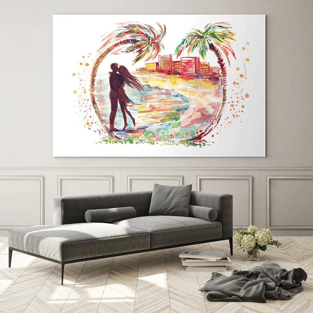 Impression sur verre - Image sur verre - Couple romantique dans un cadre tropical avec des palmiers - 100x70cm - Vacances romantiques - Décoration murale moderne pour le salon et la chambre ARTTOR