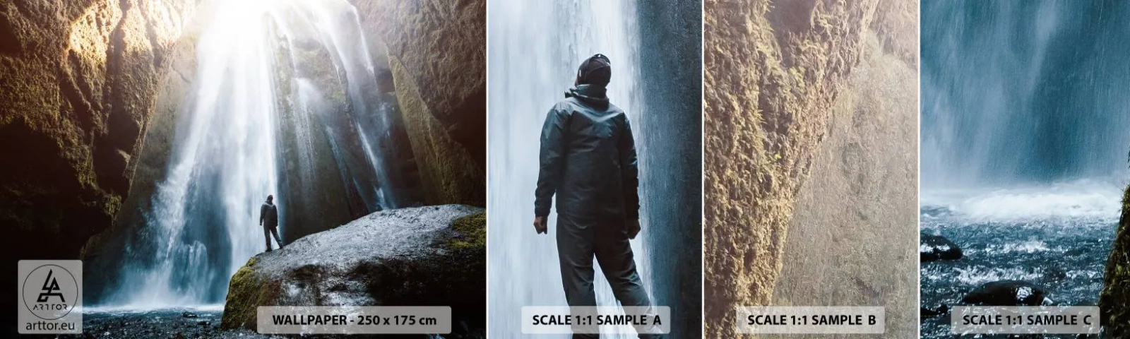 Échantillon de Papier Peint Autocollant Deluxe Sticker - Restauration des proportions - Cascade, Rochers, Grotte - 100x30 cm