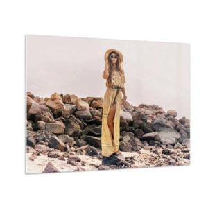 Impression sur verre - Image sur verre - Une femme dans une robe de style bohème contre un rivage rocheux - 70x50cm - La magie des pierres - Décoration murale moderne pour le salon et la chambre ARTTOR