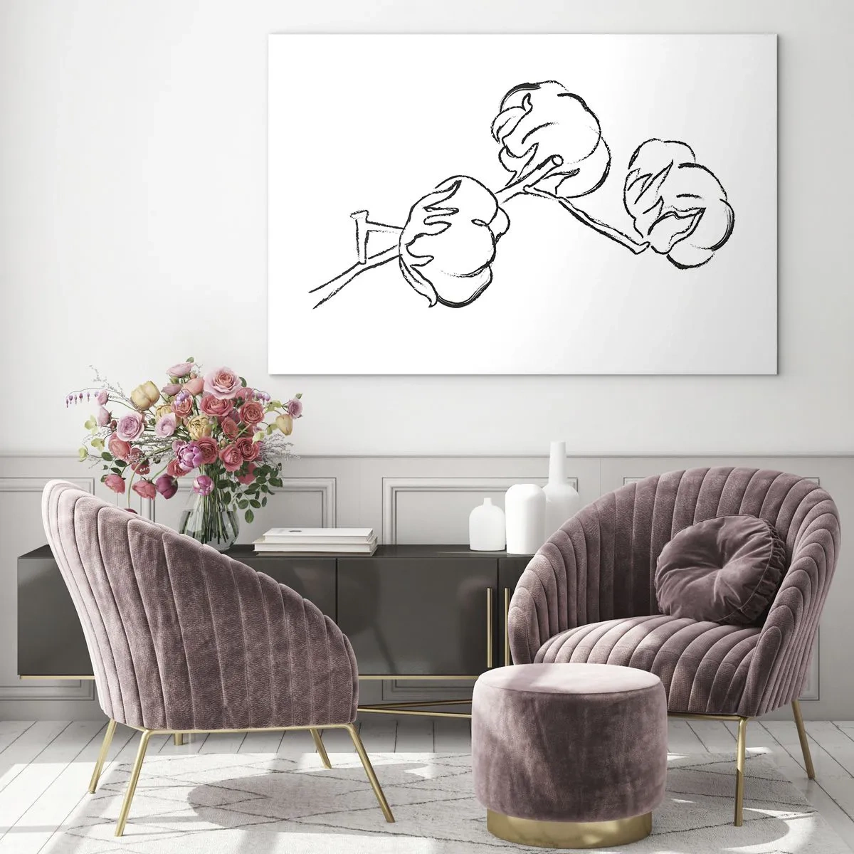 Impression sur verre - Image sur verre - Un croquis minimaliste d'une branche de coton en lignes noires. - 70x50cm - Duvet de coton - Décoration murale moderne pour le salon et la chambre ARTTOR