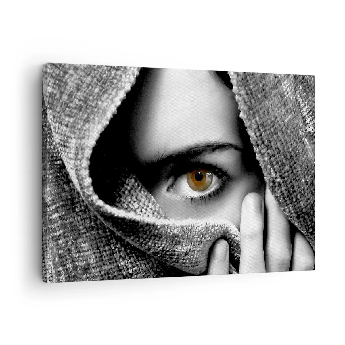 Impression sur toile - Image sur toile - Portrait d'une femme à l'oeil ambré recouvert d'un tissu aux tons gris. - 70x50cm - Apprenez le secret - Décoration murale moderne pour le salon et la chambre ARTTOR