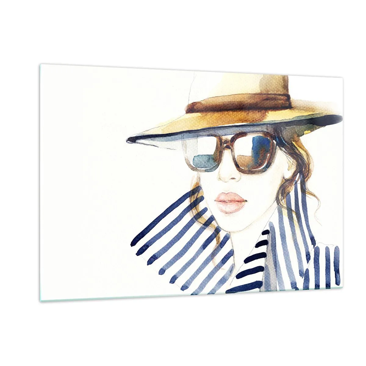 Impression sur verre - Image sur verre - Femme élégante avec un chapeau et des lunettes dans un style aquarelle - 120x80cm - La Floride vous souhaite la bienvenue ! - Décoration murale moderne pour le salon et la chambre ARTTOR