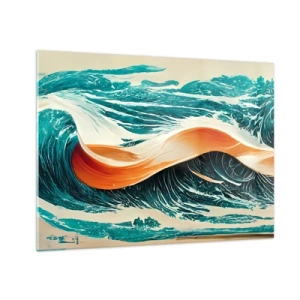 Impression sur verre - Image sur verre - Vagues turquoise avec un ruban orange dans un style surréaliste - 70x50cm - Le rêve d'un surfeur - Décoration murale moderne pour le salon et la chambre ARTTOR
