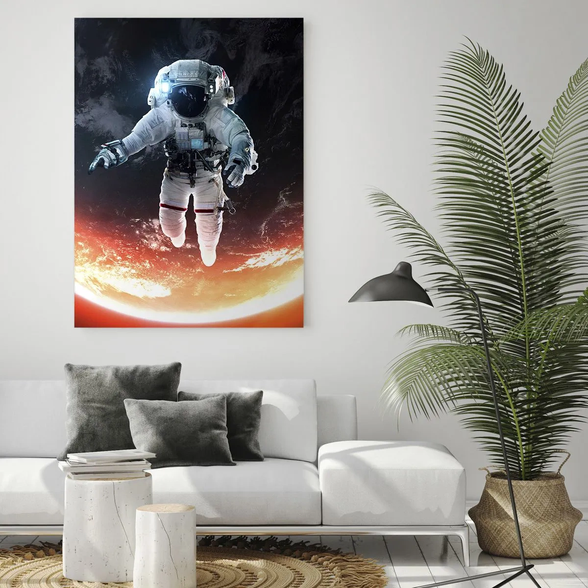 Impression sur verre - Image sur verre - Un astronaute flottant au-dessus d'une Terre éclairée par le soleil - 80x120cm - Puis-je rester un peu plus longtemps ? - Décoration murale moderne pour le salon et la chambre ARTTOR