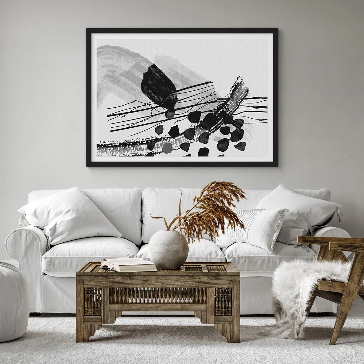 Affiche dans un cadre noir - Poster - Composition abstraite en noir et blanc avec des formes organiques - 70x50cm - Abstraction organique noir et blanc - Décoration murale moderne pour le salon et la chambre ARTTOR