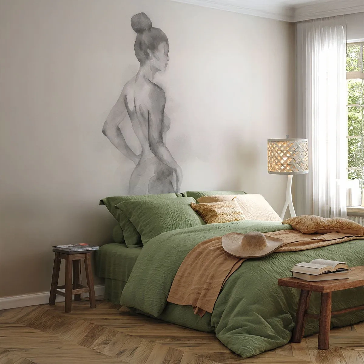 Papier Peint Photo Premium Sand - Silhouette noire et blanche d'une femme dans un style aquarelle - 100x70cm - Belle comme une peinture - Décoration murale moderne pour le salon et la chambre ARTTOR