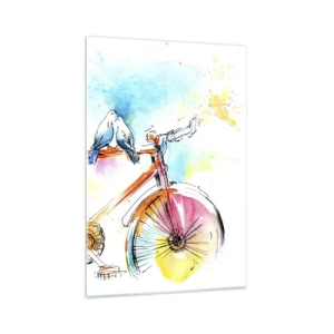 Impression sur verre - Image sur verre - Aquarelle colorée d'un vélo avec des oiseaux assis dessus - 70x100cm - À deux en vélo - Décoration murale moderne pour le salon et la chambre ARTTOR