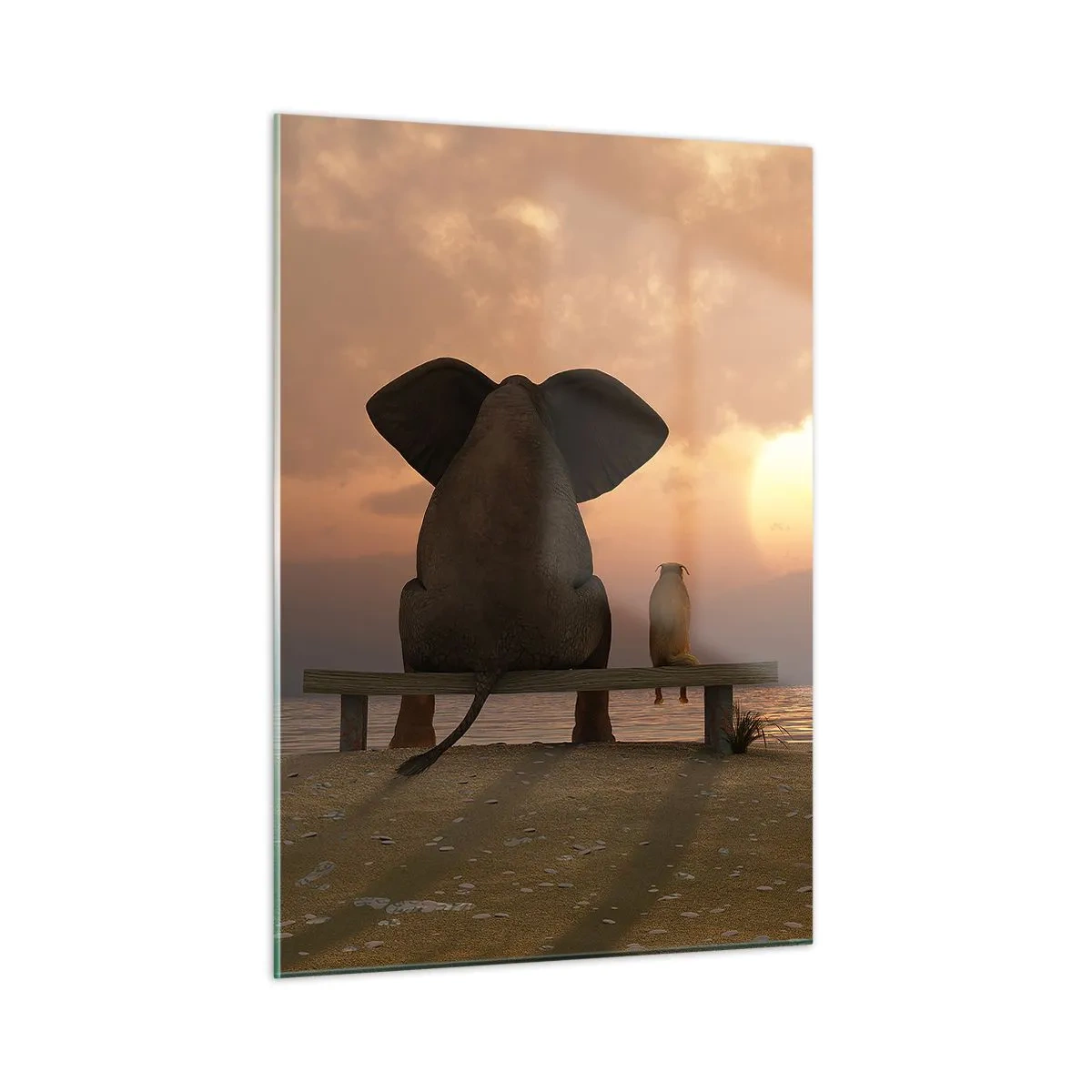 Impression sur verre - Image sur verre - Éléphant et chien sur un banc au coucher du soleil - 50x70cm - C'est bon de garder le silence ensemble - Décoration murale moderne pour le salon et la chambre ARTTOR