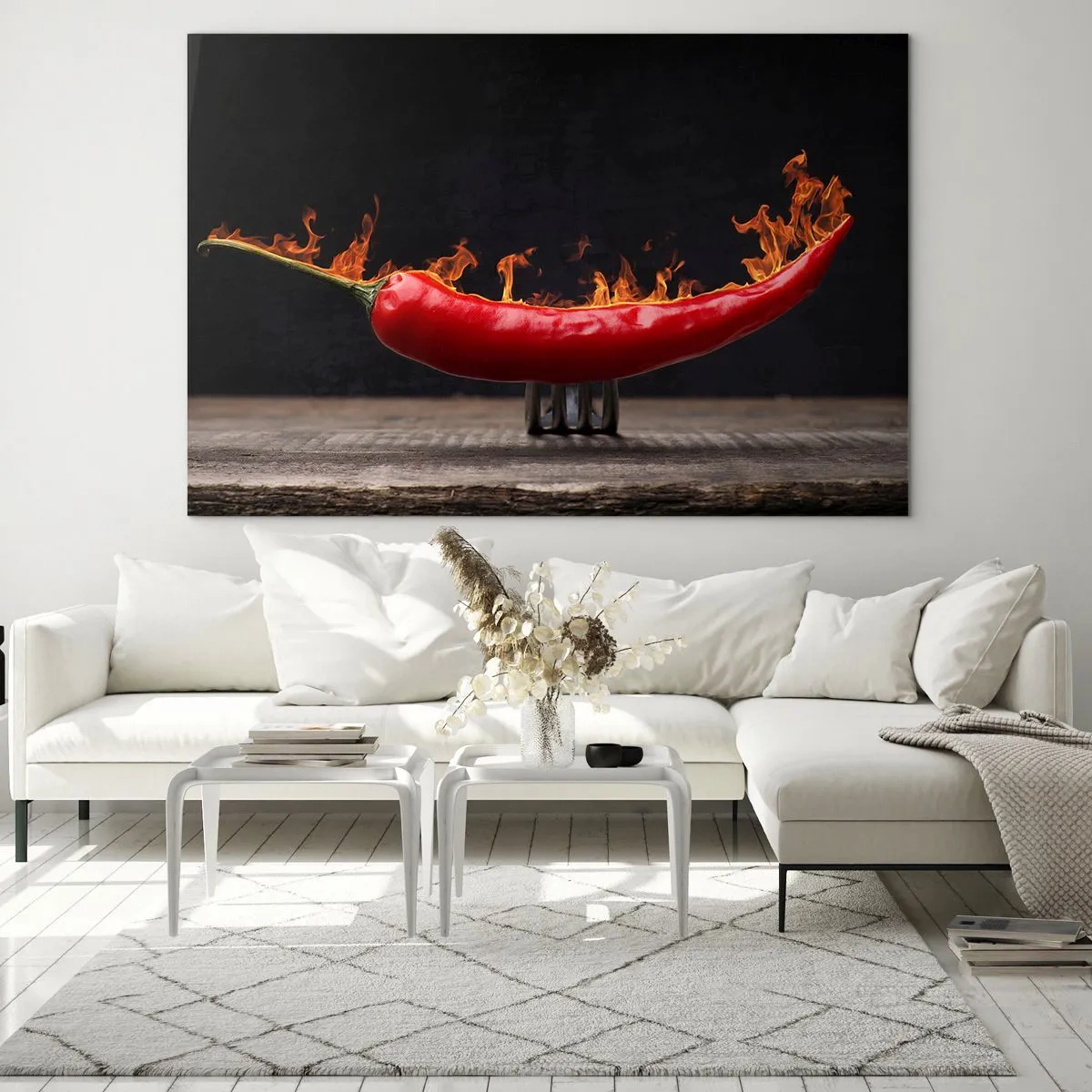 Impression sur verre - Image sur verre - Piment rouge brûlant sur fond noir - 70x50cm - Un apéritif enflammé - Décoration murale moderne pour le salon et la chambre ARTTOR