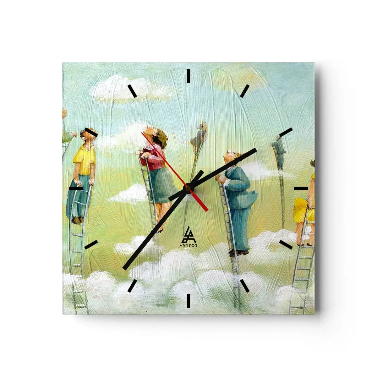 Horloge murale - Pendule murale - Personnages grimpant sur des échelles parmi des nuages sur un fond pastel. - 30x30cm - Derrière ton rêve - Décoration murale moderne pour le salon et la chambre ARTTOR