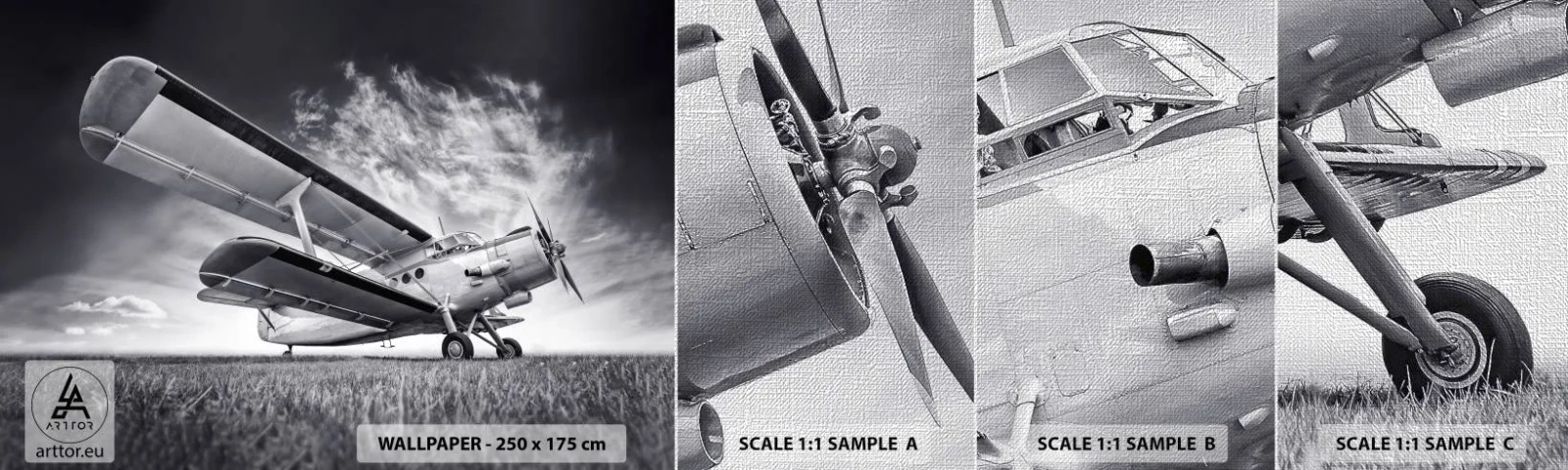 Échantillon de Papier Peint Premium Canvas - Le pèlerin ailé - Avion, Avion, Noir et blanc - 100x30 cm