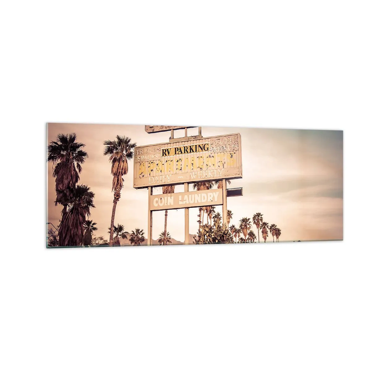 Impression sur verre - Image sur verre - Panneau de motel rétro entouré de palmiers - 140x50cm - Ici, le temps s'est arrêté - Décoration murale moderne pour le salon et la chambre ARTTOR